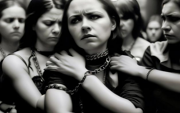 An AI-generated black and white image of a group of women in chains. One stands in the foreground and looks out of the image on the left. 