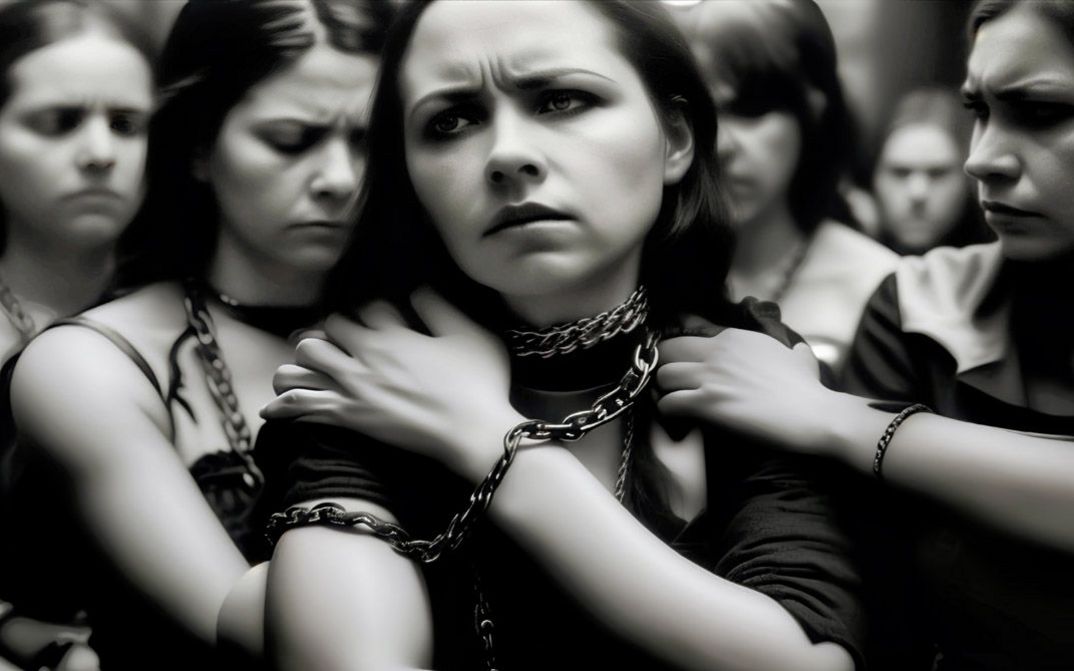 An AI-generated black and white image of a group of women in chains. One stands in the foreground and looks out of the image on the left.