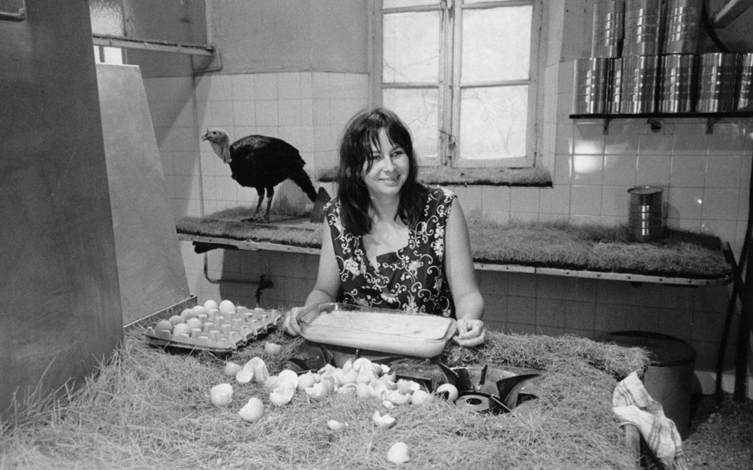 Film still from 7 P., CUIS., S.DE B... À SAISIR. A woman sits in a simple kitchen, in front of her a lot of broken eggs. A turkey can be seen in the background.