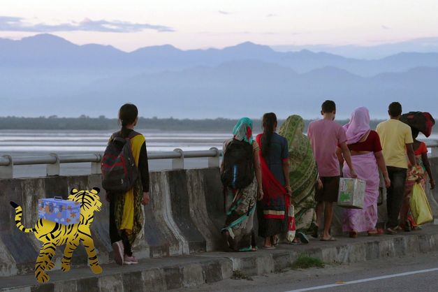 Group of people walk over a bridge, behind them an animated tiger.