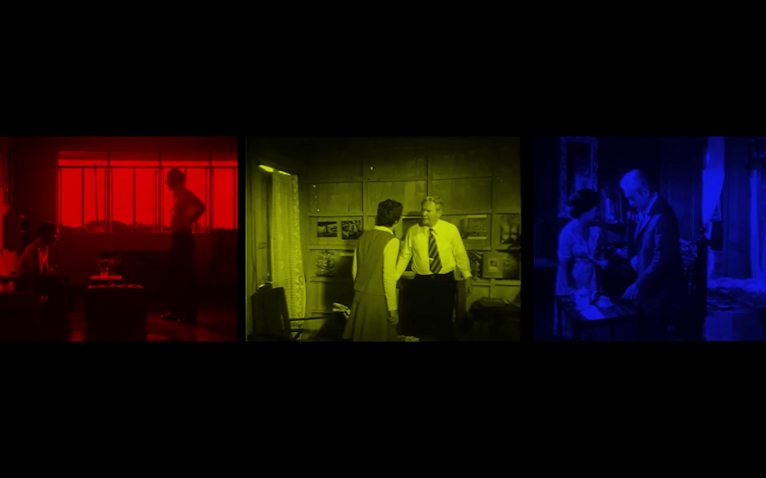 Three-part film still in red, yellow and blue from ANARCHIST: two people in a living room; a man and a woman talking to each other and a man and a woman in a room with a teapot and cups in front of them.