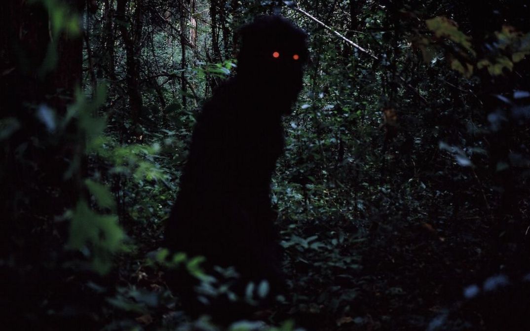 Film still from Uncle Boonmee Who Can Recall His Past Lives: A completely black figure with bright red eyes stands in a dense, dark forest.