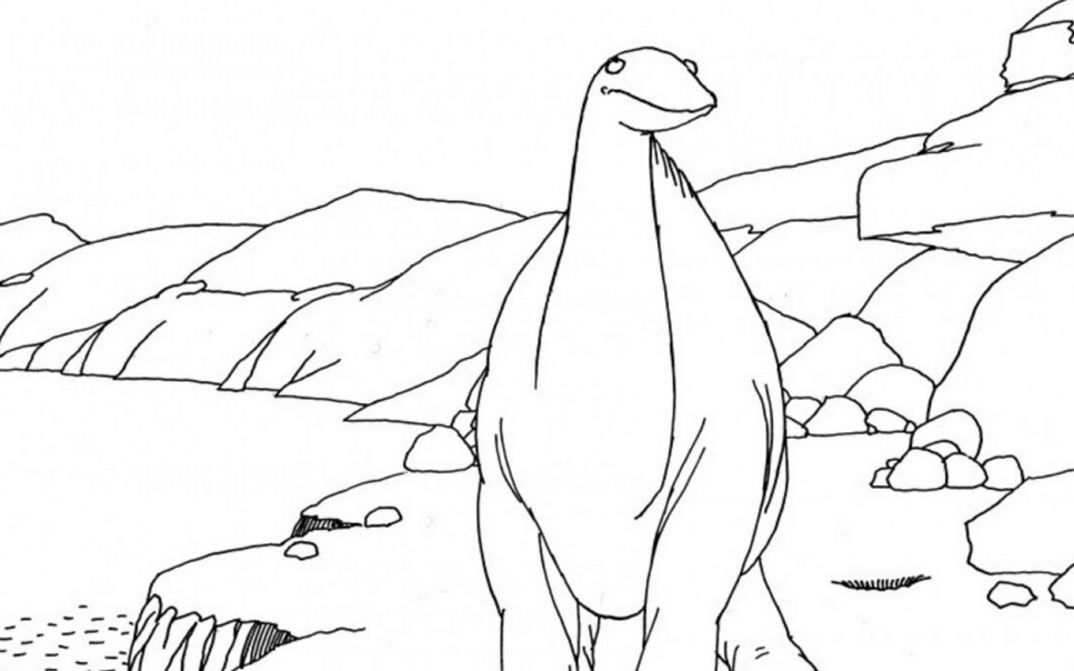 Filmstill from GERTIE THE DINOSAUR. A drawn dinosaur on a shore.