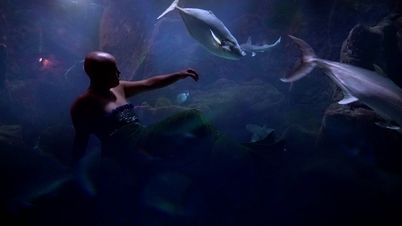 Filmstill aus „Super Natural“: eine haarlose Meerjungfrau am Meeresgrund, umgeben von Fischen