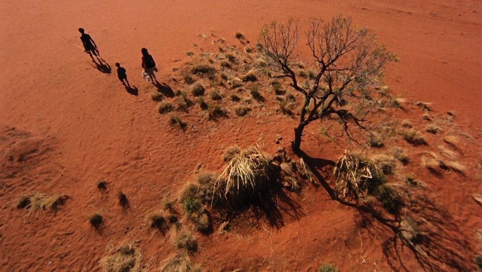Filmstill aus WALKABOUT: Eine Luftaufnahme von der Wüste mit rotem Sand. Am Bildrand sieht man drei Menschen.