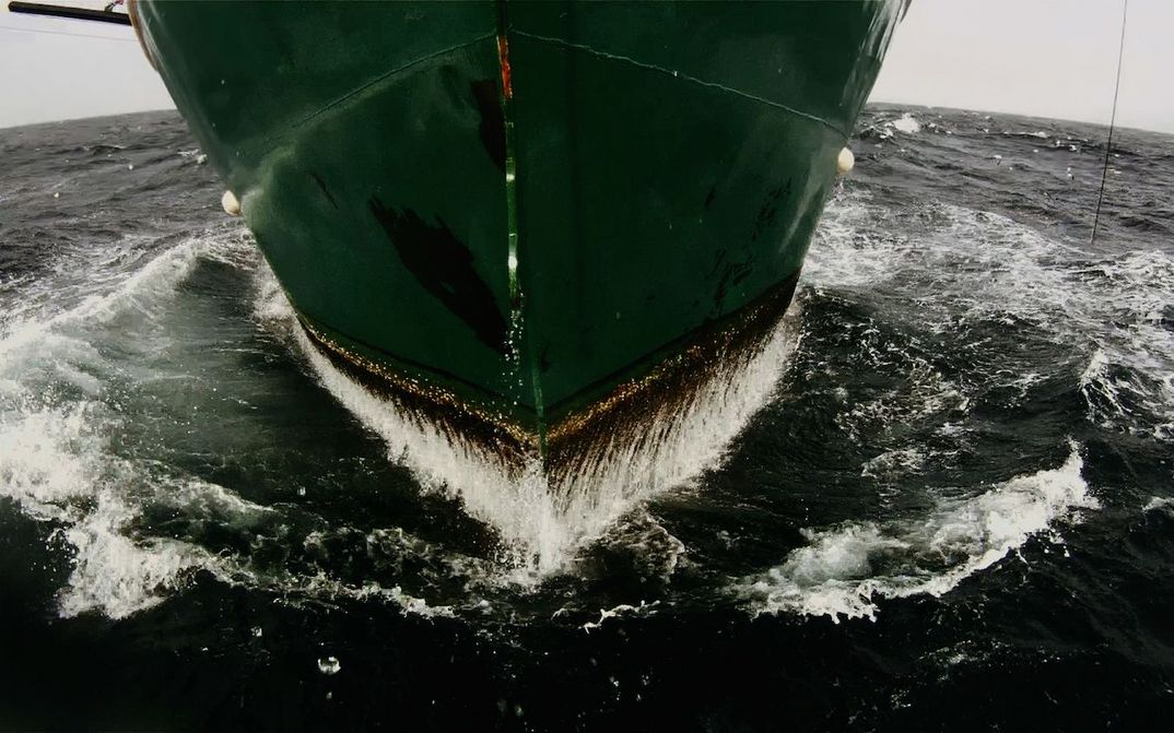 Film still from LEVIATHAN: Close-up of the bow of a ship.