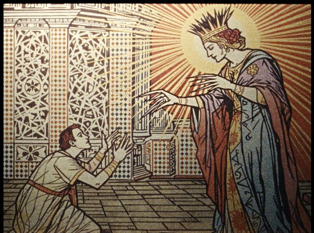 Gezeichnete Szene mit einer knienden Person, die einer gekrönten Figur mit sehr langen Fingernägeln die Hände entgegenstreckt.