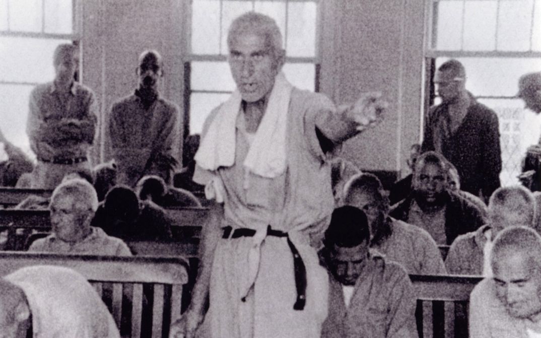 Film still from TITICUT FOLLIES. Some men in a penal institution.