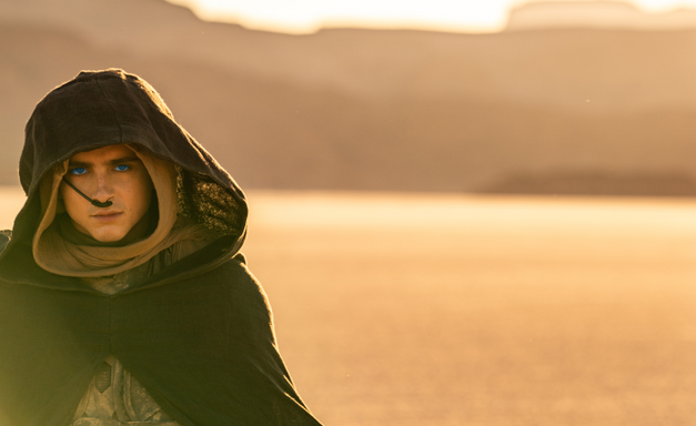 Filmstill from DUNE 2: A young man in the desert. He is wearing a cloak with a hood, has very blue eyes and a tube on his nose.
