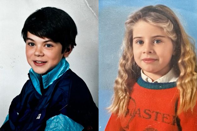 Two child portraits side by side, boy in tracksuit, girl in sweater.