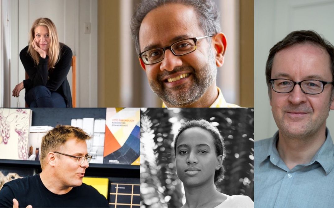 A collage of portraits of the experts in the discussion: Nina Menkes, Girish Shambu, Bert Rebhandl, Christoph Hochhäusler and Djamila Grandits.