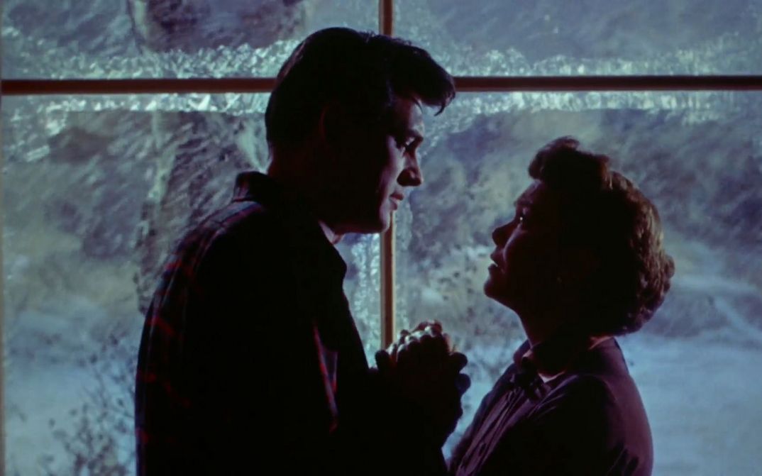 Filmstill aus ALL THAT HEAVEN ALLOWS: Ein Mann und eine Frau halten sich bei den Händen. Sie sind einander zugewandt. Es wirkt dramatisch.