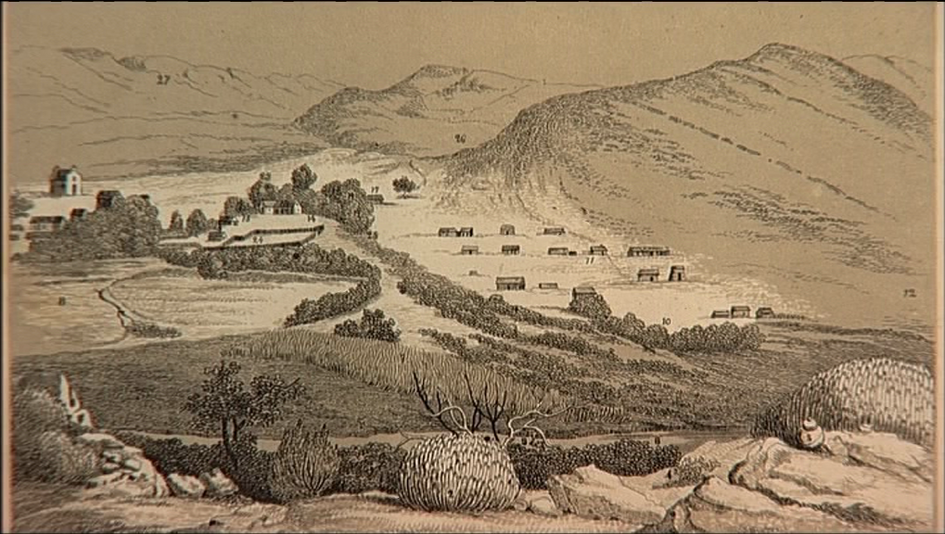 Film still from LE MALENTENDU COLONIAL: An old print of a hilly landscape with few houses.