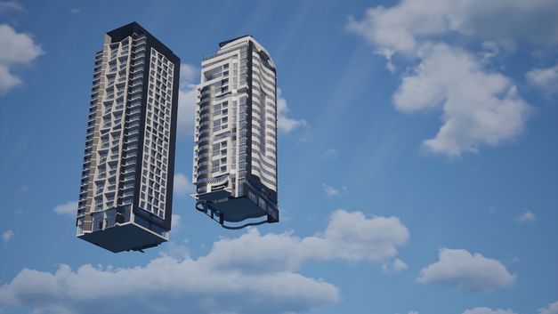 Still from Antoine Chapon film’s “Al Basateen”. In a blue sky, two 3D-modeled buildings float side by side