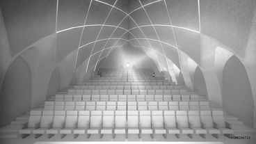 Visualisierung des zukünftigen Kinosaals, Ansicht auf die Sitzreihen.