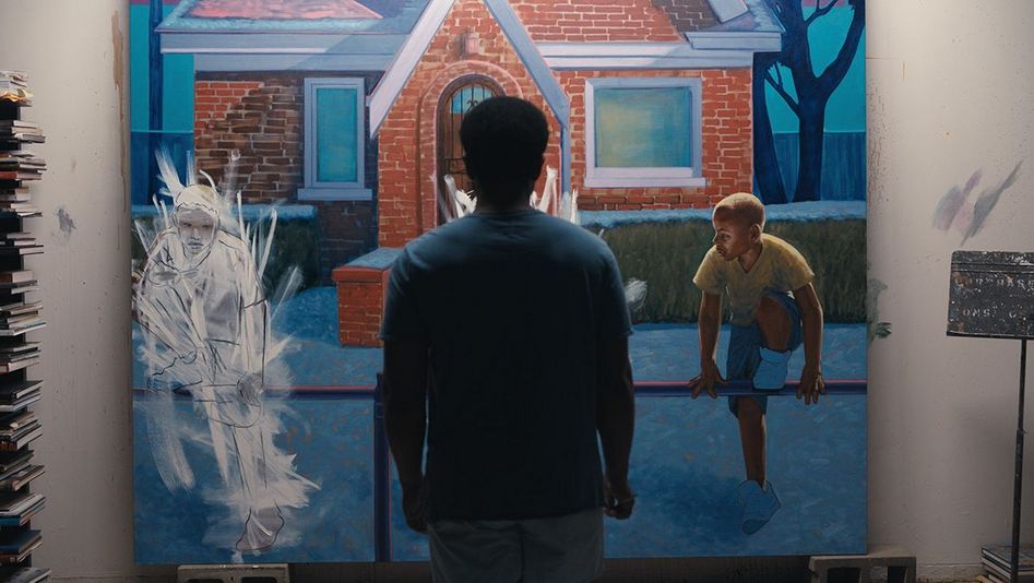 Film still from EXHIBITING FORGIVENESS: You see a person from behind, standing directly in front of a large painting.