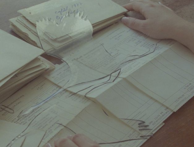 Filmstill aus dem Film „Zwischenwelt“ von Cana Bilir-Meier. Die Hände einer Person berühren einen Stapel Lohnabrechnungen. Über dem Papierstapel zwei, in transparentes Material ausgeschnittene fliegende Vögel. 