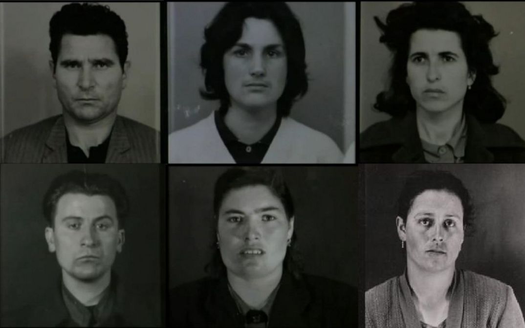 Film still from 48: A collage in black and white of six portrait photos.