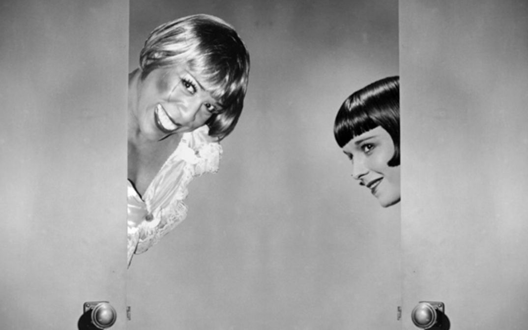 A collage: Louise Brooks looks out from behind a door on the right, Vaginal Davis on the left.