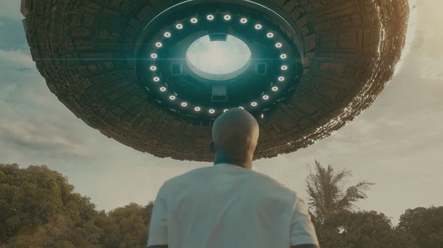 Person steht im Freien und blickt von hinten zu einem großen, schwebenden, kreisförmigen Objekt am Himmel.