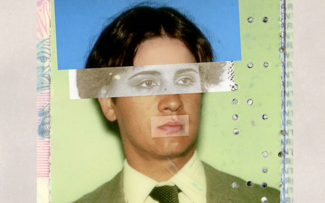 A colourful collage of a human face made with different black-and-white and colour photos.