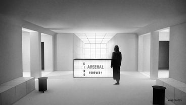 Visualization of the foyer of the future cinema. View of the box office with the lettering "Kino Arsenal Forever!" 