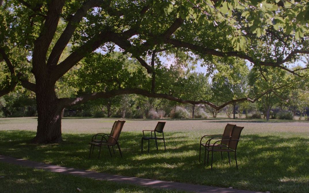 Film still from FAMILY PORTRAIT: On a sunny day, there are a few chairs under a large tree in the shade.