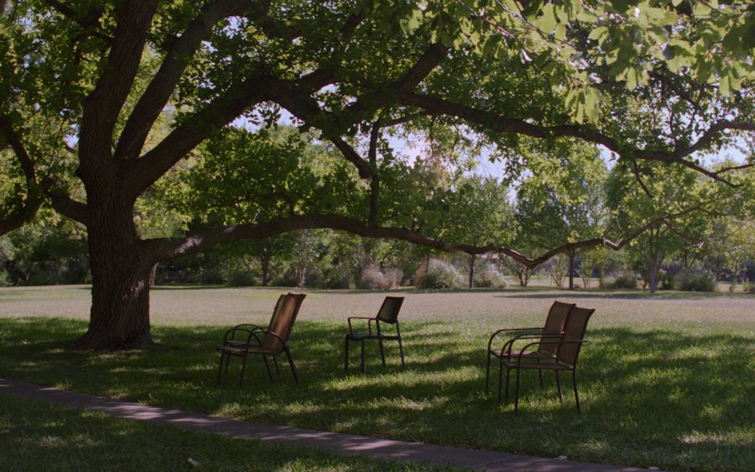 Film still from FAMILY PORTRAIT: On a sunny day, there are a few chairs under a large tree in the shade.
