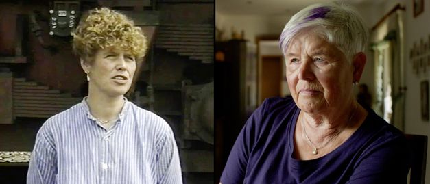 Film still from PRIDE & ATTITUDE by Gerd Kroske. The image, divided into two halves, shows the same woman twice. In the left half of the picture as a younger woman, in the right half a few decades later. 