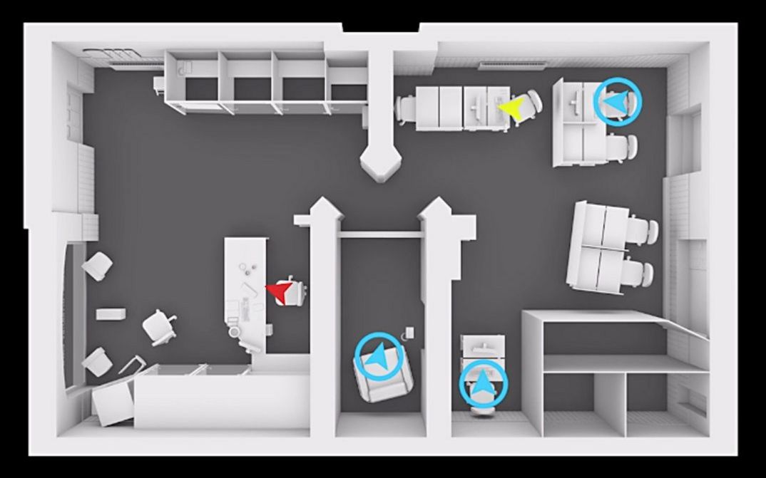 Still from the film "77sqm_9:26min" by Forensic Architecture. A 3D computer generated layout of a flat with marks and arrows.
