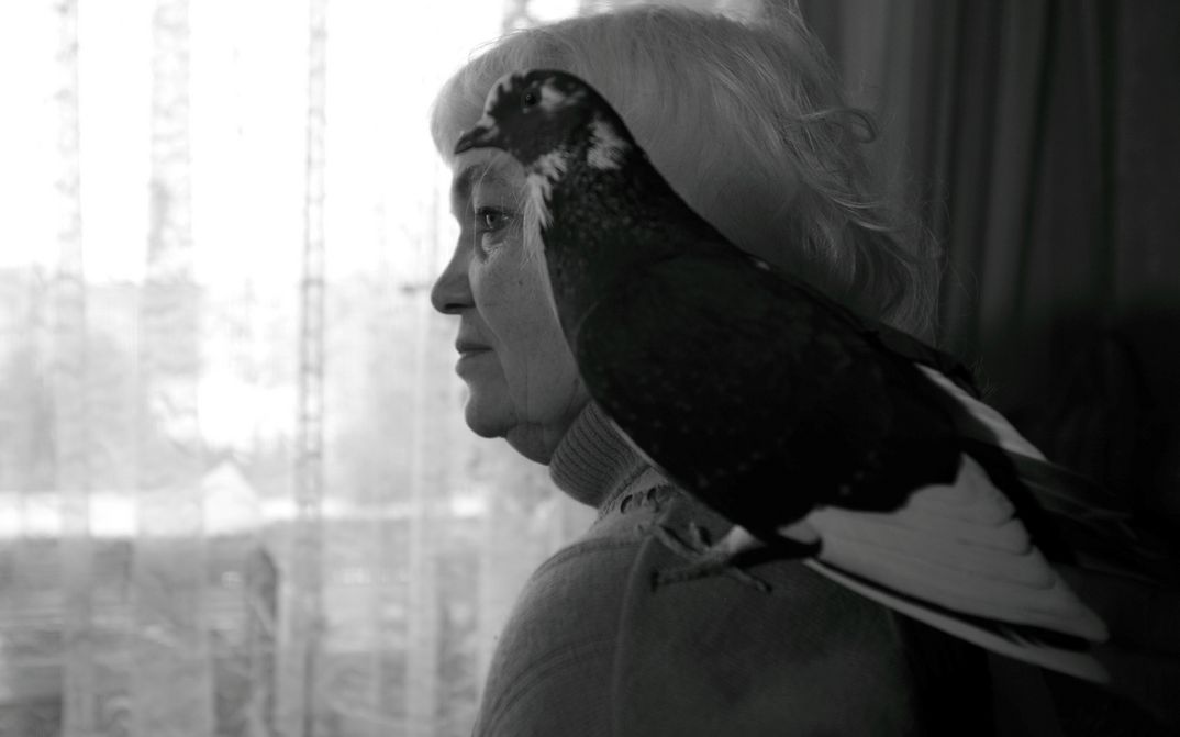 Film still from 33 ANIMALS OF SANTA CLAUS: A woman stands in front of a window with curtains. A bird sits on her shoulder.